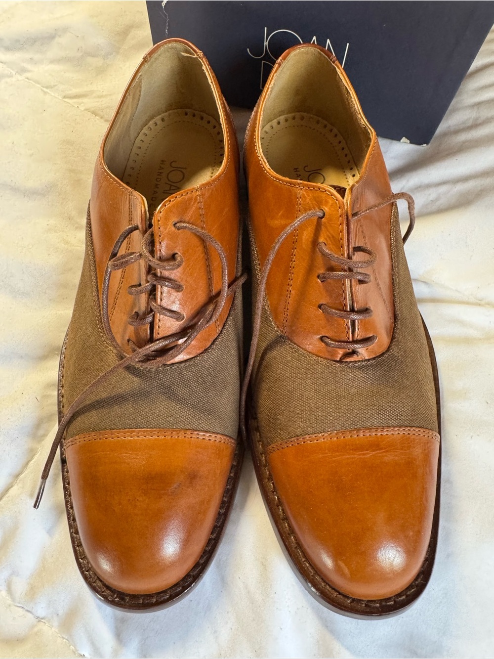 Joan and David Tan Leather & Brown Canvas Oxfords